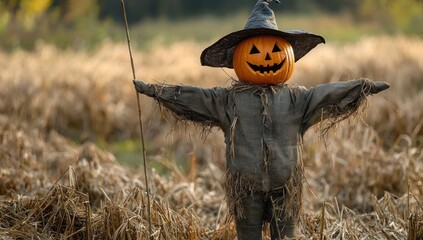 Halloween and autumn scarecrow in an open field representing fall season and Halloween party