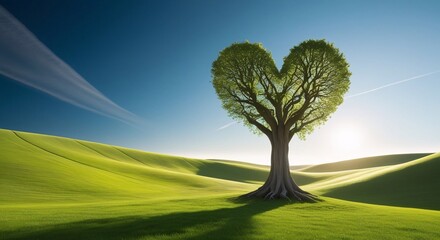 A heart-shaped tree standing alone in the middle of a vibrant green meadow, with rolling hills and a bright blue sky in the background