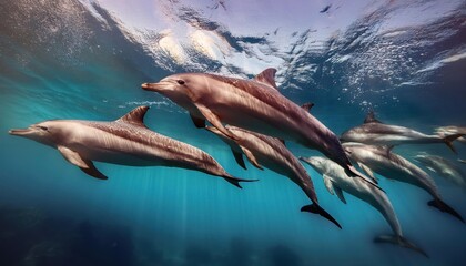 A pod of long-beaked common dolphins swim through 