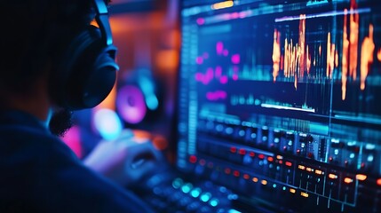 A man wearing headphones sits in front of a computer screen with a complex, colorful, digital audio waveform display.  The screen appears to be displaying a program for audio editing or production. 