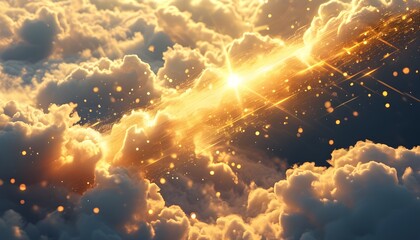 Glamorous gold abstract elements with dazzling glitter, emerging from a cloud and enhanced by a radiant beam of light in a stunning generative AI design