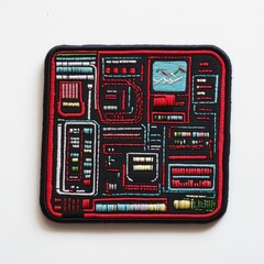 a black square embroidered patch with red, white, green, and blue details that looks like a futurist