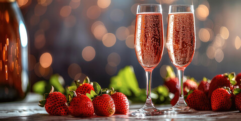 Two Sparkling rose champagne in glasses, surrounded by fresh strawberries on a white white table, copy space.