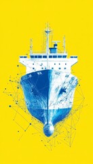 Wall Mural - Digital Cargo Ship On A Yellow Technology Background. Abstract Maritime Icon. Big Data In Logistics