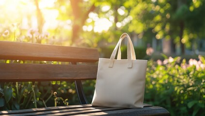 Tote bag mockup concept image with a blank tote bag sitting outside in a park on sunny day for the large sturdy cloth unfastened bag with parallel handles with copy space