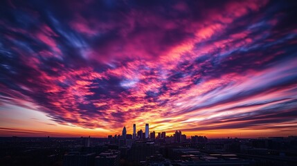 Canvas Print - Vibrant sunset over Philadelphia skyline with colorful clouds painting the evening sky