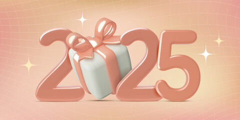 New Year 2025 3d metallic numbers with gift box on y2k peach fuzz background with stars. Three dimensional realistic style vector holiday banner design.