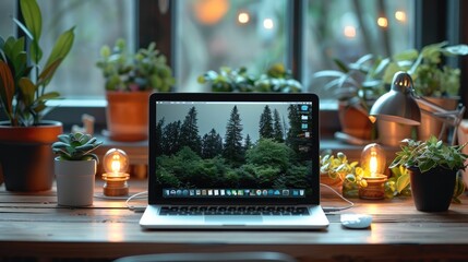 Sticker - Laptop mockup on a stylish office desk with tech gadgets, featuring a project management tool with a user-friendly interface.