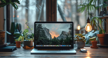 Sticker - Laptop mockup on a stylish office desk with tech gadgets, featuring a project management tool with a user-friendly interface.