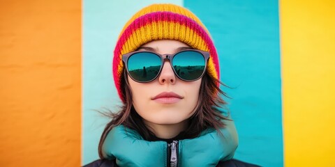 A person wearing sunglasses and a colorful hat in front of a colorful background.