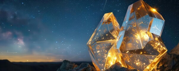 Gemini symbol carved into crystal, reflecting soft golden light, set against a starry night sky, sharp detail, no blur, full image