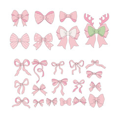 Cute Xmas ribbon bows vector clip-art set isolated on white. Coquette Christmas illustration