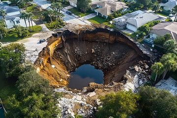 Large sinkhole in Florida neighborhood, aerial drone shot