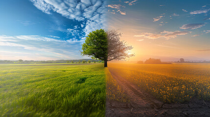 Wall Mural - Meadow with rich and green grass on one side and dusty ground on the other and featuring one isolated tree and split screen demonstrating seasonal differences 