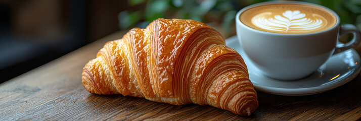 A close-up of a fresh croissant and a cup of cappuccino on a cafÃ© table,