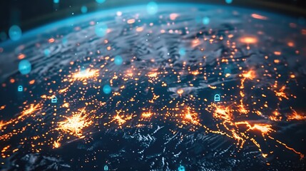 Fototapete - Digital planet earth background with connected technology devices and icons.