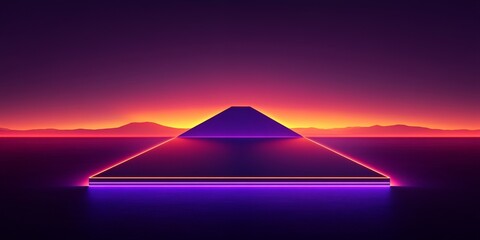 Canvas Print - Neon triangle platform with sunset in the background