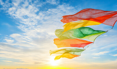 Colorful flags waving in the wind against a beautiful blue sky.