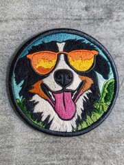 a circular embroidered patch featuring a bernese mountain dog wearing sunglasses and sticking its to