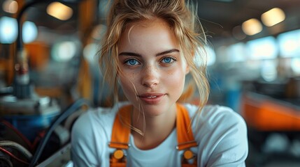 Leinwandbilder - A young female mechanic leaning over a car engine in a modern workshop, wearing a white t-shirt and orange overalls.