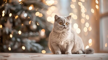 Wall Mural - A cat is sitting on a table in front of a Christmas tree. The cat is looking at the camera with a curious expression. The scene has a cozy and festive atmosphere, with the Christmas tree