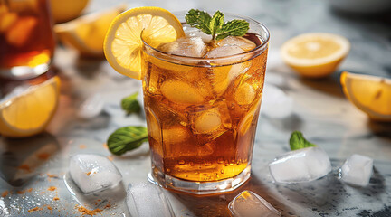 A glass of iced tea with lemon slices and mint leaves.