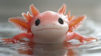 A close-up of a pink axolotl in clear water, showcasing its unique features and vibrant colors in a serene aquatic setting.