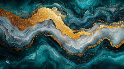 Wall Mural - A marbled texture featuring flowing swirls of gold, white, and teal,