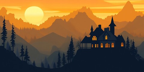 Canvas Print - A silhouette of a house with lit windows sits atop a hill, overlooking a mountainous landscape at sunset.