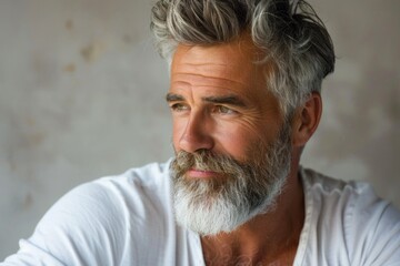 Mature Man Hair. Adult Caucasian Man With Beard, Looking Cheerful and Confident