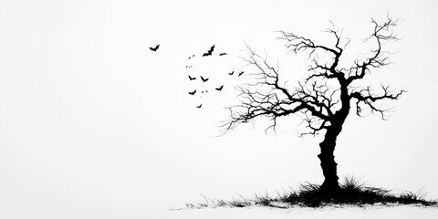 Wall Mural - Silhouette of a bare tree with bats flying away