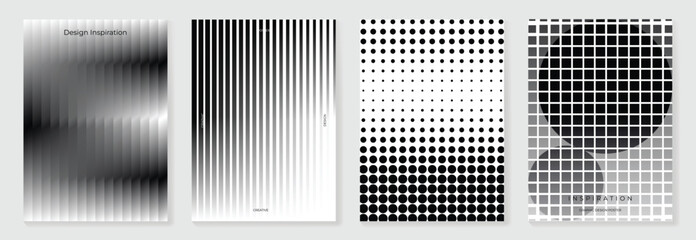 Abstract monochrome gradient poster background vector set. Modern cover template with black and white perspective geometric  prism shape, halftone dot. Ideal design for social media, banner, ads.