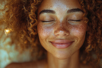 A close-up of a personâ€™s face, eyes closed with a serene smile,