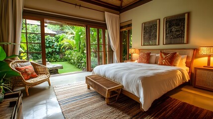 A spacious bedroom with a king-size bed, plush pillows, a woven rug, and a large window overlooking a lush green garden.