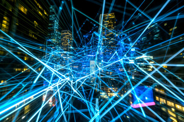 Abstract image of a city skyline with glowing blue lines creating a network effect.