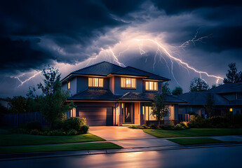 Wall Mural - Lighting storm over a suburban house. Generative AI