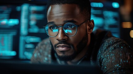 Tech professional man wearing glasses, working on computer with digital data in the background, focusing on programming and coding in a high-tech environment