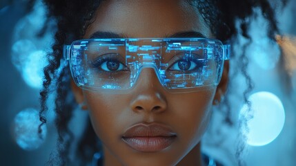 Woman’s face illuminated by glowing digital projections, gazing at futuristic holographic interface, representing advanced cyber systems, technology innovation, and AI intelligence.