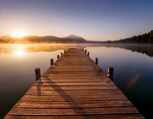 Holzsteg in See bei Sonnenaufgan, Auszeit 