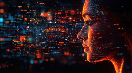 Side profile of a woman’s face glowing with orange digital patterns, symbolizing futuristic AI technology, advanced cyber intelligence, and high-tech innovation.