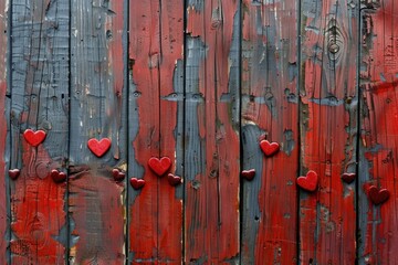 Valentines Wood. Heart Shaped Red Hearts on Wooden Background for Valentines Day