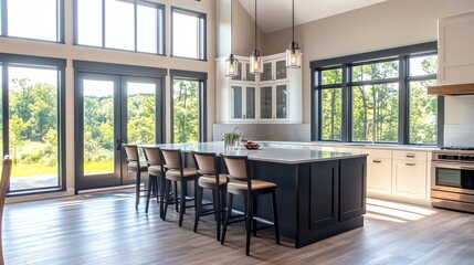 Wall Mural - A modern kitchen with a large island and lots of windows looking out at a wooded yard.