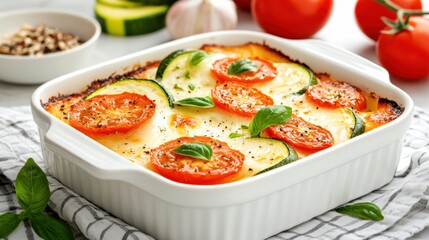 Fresh Vegetable Bake in a White Casserole Dish