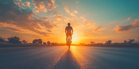 Back view silhouette shadow of a cyclist man riding a bike bicycle on asphalt road at orange twilight dusk sunset sky. Summer outdoor sport activity lifestyle, healthy male evening travel