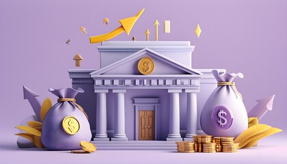 3D icon of a bank building with upward arrow, money bag, and coins on a light purple background symbolizing business growth and financial success