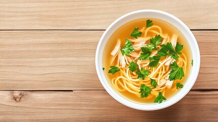 Wall Mural - Fresh Chicken Noodle Soup with Herbs in White Bowl