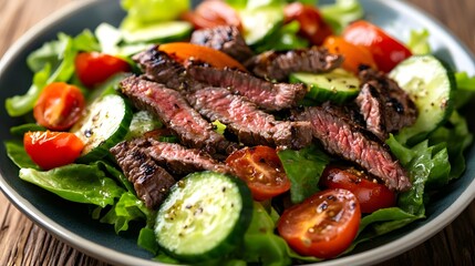 A close-up of a delicious steak salad with fresh lettuce, tomatoes, cucumbers, and grilled beef.