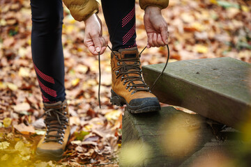 Wall Mural - woman tying shoelace on her hiking boot. tourist is getting ready for autumn hike at woodland trekki