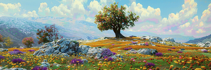 Wall Mural - Scenic field with colorful blooms on the left side and rocky terrain on the right and with a single young tree in the middle and split screen depicting a time-lapse of growth 