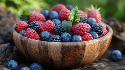 Wall Mural - Minimalist wooden bowl filled with colorful berries, antioxidant-rich and brain health-focused, captured in a realistic style.